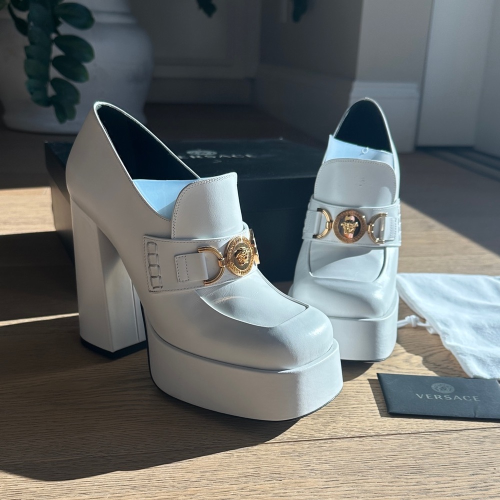 Versace White Platform Shoes with Gold Detail